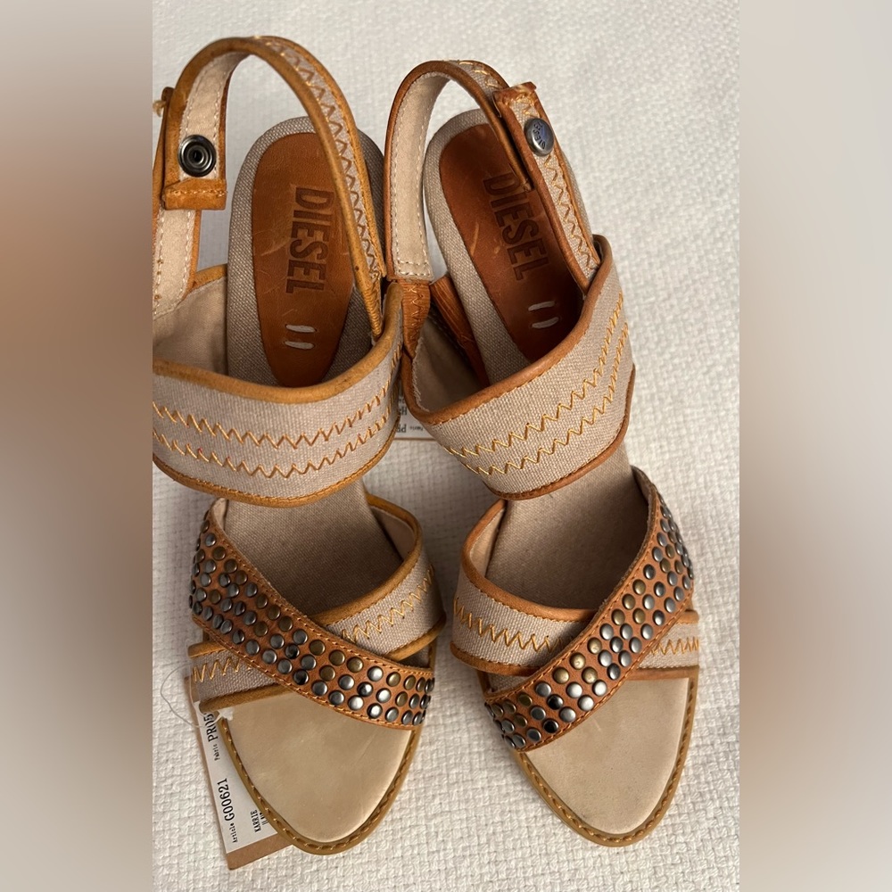 Diesel 4” heel sandals. Khaki color canvas w tan leather & flat studs.
